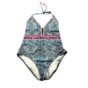 Nanette Lepore One Piece Swimsuit Womens L Blue Paisley Halter Plunge Tie